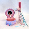Set of Easter candle with wooden shell, tulle, pom pom and jewelry music box  
