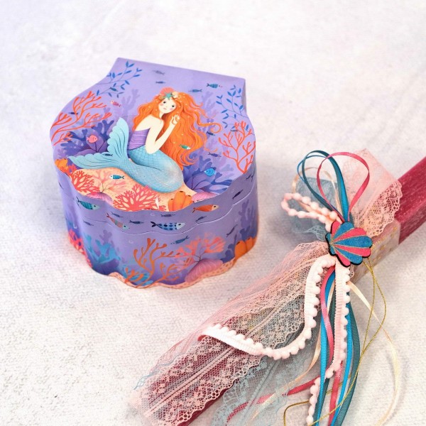 Set of Easter candle with wooden shell, tulle, pom pom and jewelry music box  