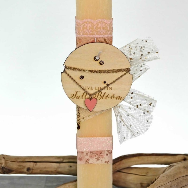 Γυναικεία λαμπάδα με κολιέ από αλυσίδα, κρύσταλλο και ξύλινο ταμπελάκι