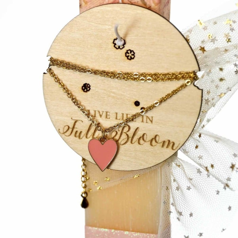 Γυναικεία λαμπάδα με κολιέ από αλυσίδα, κρύσταλλο και ξύλινο ταμπελάκι