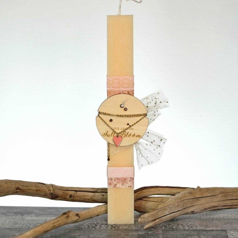 Γυναικεία λαμπάδα με κολιέ από αλυσίδα, κρύσταλλο και ξύλινο ταμπελάκι