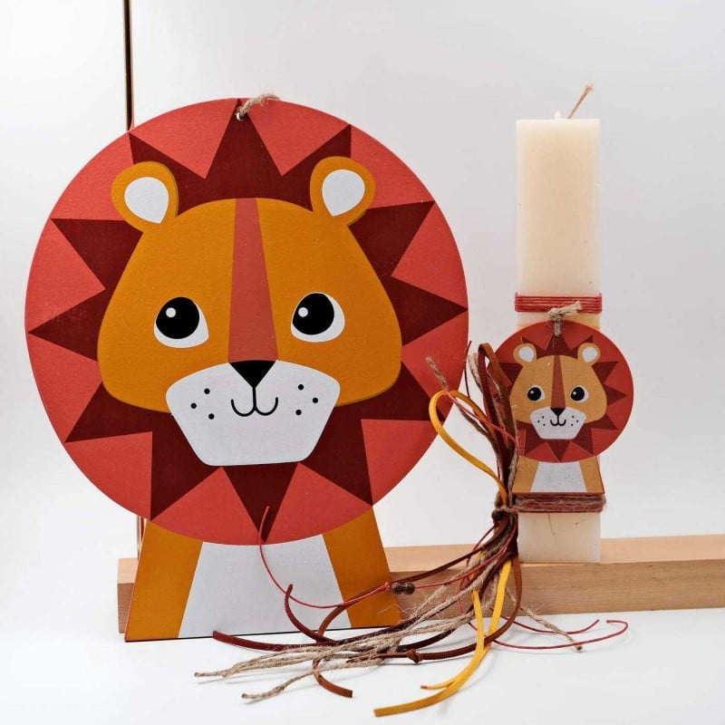 Set of Easter candle and wall decorative wooden lion