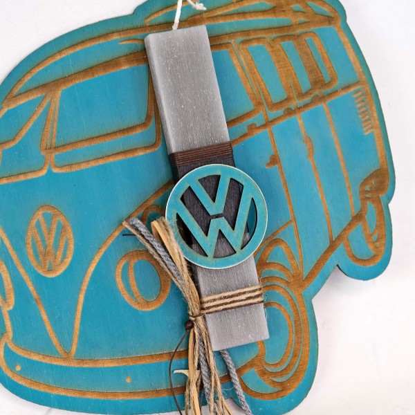 Boy's Easter candle with handmade wooden Volkswagen sign
