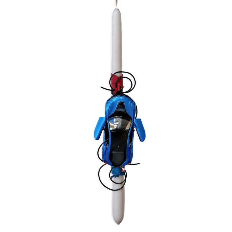 Easter candle with pullback racing car, ribbons and cords