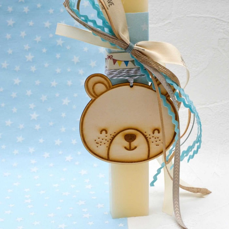 Λαμπάδα Little Bear Λαμπάδα για αγόρια με ξύλινο αρκουδάκι και κορδέλες