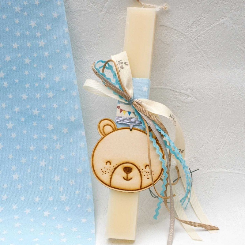Λαμπάδα Little Bear Λαμπάδα για αγόρια με ξύλινο αρκουδάκι και κορδέλες