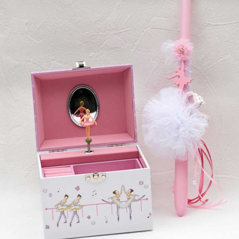 Σετ κοριτσίστικη χειροποίητη λαμπάδα με ξύλινη φιγούρα μπαλαρίνας και μουσική μπιζουτιέρα με λαβή από πέρλες