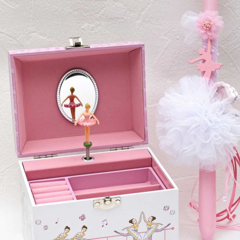 Σετ κοριτσίστικη χειροποίητη λαμπάδα με ξύλινη φιγούρα μπαλαρίνας και μουσική μπιζουτιέρα με λαβή από πέρλες