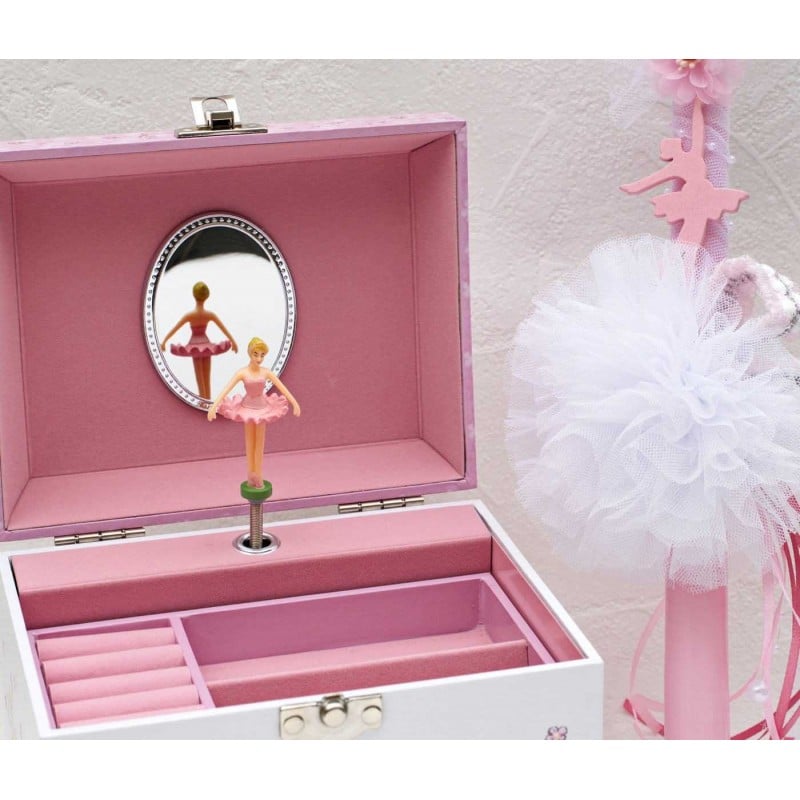 Σετ κοριτσίστικη χειροποίητη λαμπάδα με ξύλινη φιγούρα μπαλαρίνας και μουσική μπιζουτιέρα με λαβή από πέρλες