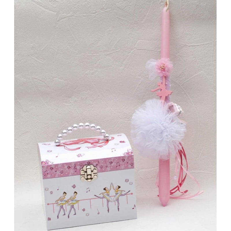 Σετ κοριτσίστικη χειροποίητη λαμπάδα με ξύλινη φιγούρα μπαλαρίνας και μουσική μπιζουτιέρα με λαβή από πέρλες