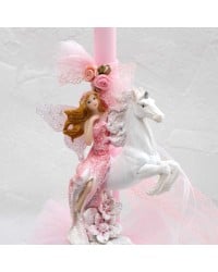 Λαμπάδα Fairy & the Unicorn Κοριτσίστικη χειροποίητη λαμπάδα με κεραμική νεράιδα πάνω σε μονόκερο και τούλι