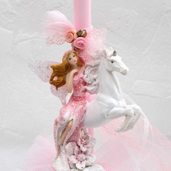 Λαμπάδα Fairy & the Unicorn Κοριτσίστικη χειροποίητη λαμπάδα με κεραμική νεράιδα πάνω σε μονόκερο και τούλι