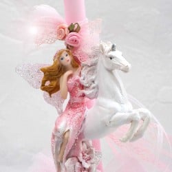 Λαμπάδα Fairy & the Unicorn Κοριτσίστικη χειροποίητη λαμπάδα με κεραμική νεράιδα πάνω σε μονόκερο και τούλι