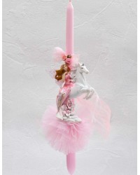 Λαμπάδα Fairy & the Unicorn Κοριτσίστικη χειροποίητη λαμπάδα με κεραμική νεράιδα πάνω σε μονόκερο και τούλι