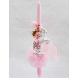 Λαμπάδα Fairy & the Unicorn Κοριτσίστικη χειροποίητη λαμπάδα με κεραμική νεράιδα πάνω σε μονόκερο και τούλι