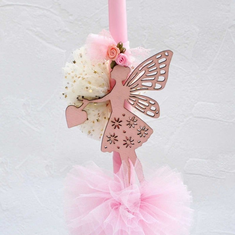 Λαμπάδα Wooden Fairy Χειροποίητη ρομαντική λαμπάδα με ξύλινη διακοσμητική νεράιδα και τούλι