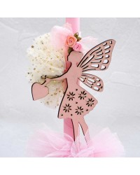 Λαμπάδα Wooden Fairy Χειροποίητη ρομαντική λαμπάδα με ξύλινη διακοσμητική νεράιδα και τούλι