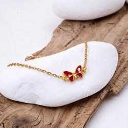 Anklet made of stainless steel chain with 24K gold-plated enamelled butterfly 