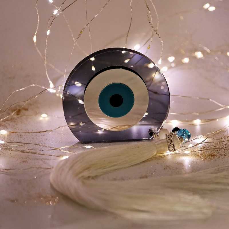 Χειροποίητο γούρι 2025 με μάτι πλέξιγκλας, κρύσταλλα και φούντα