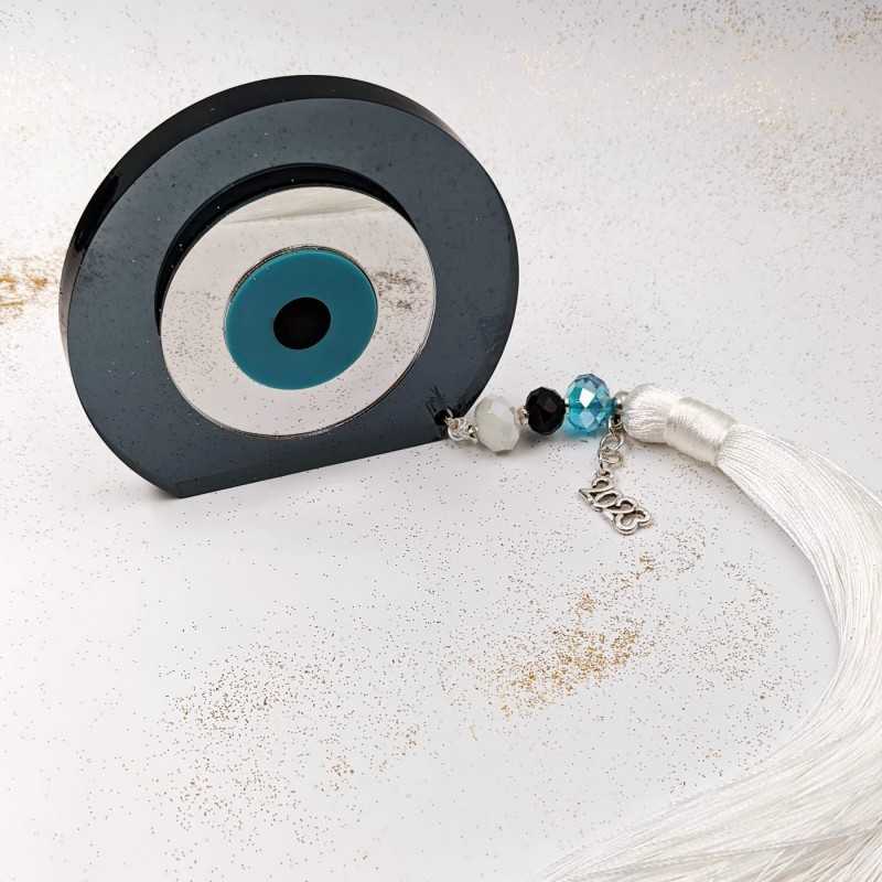 Χειροποίητο γούρι 2025 με μάτι πλέξιγκλας, κρύσταλλα και φούντα