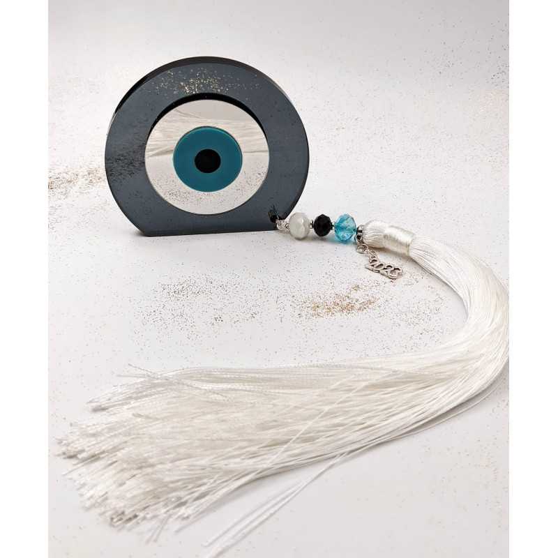 Χειροποίητο γούρι 2025 με μάτι πλέξιγκλας, κρύσταλλα και φούντα