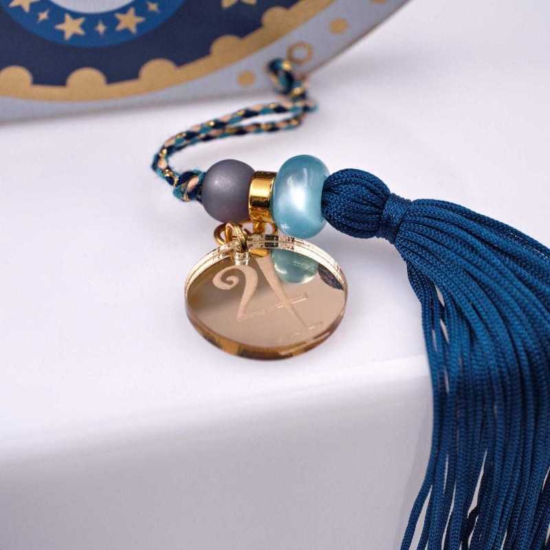 Χειροποίητο επιτραπέζιο γούρι μάτι από πλέξιγκλας και ξύλο με κεραμικές χάντρες και φούντα