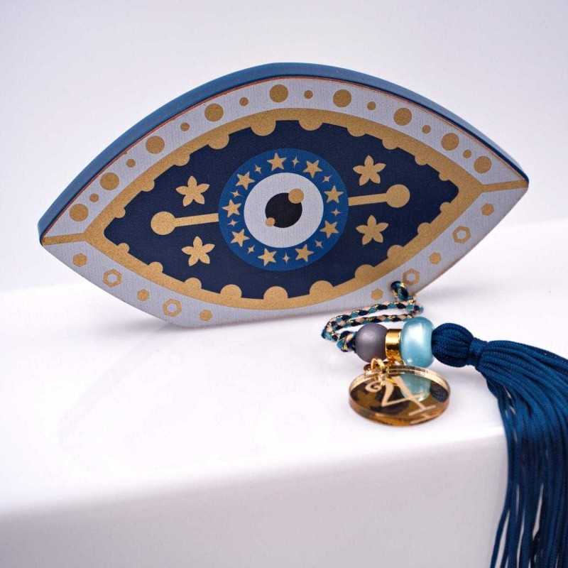 Χειροποίητο επιτραπέζιο γούρι μάτι από πλέξιγκλας και ξύλο με κεραμικές χάντρες και φούντα