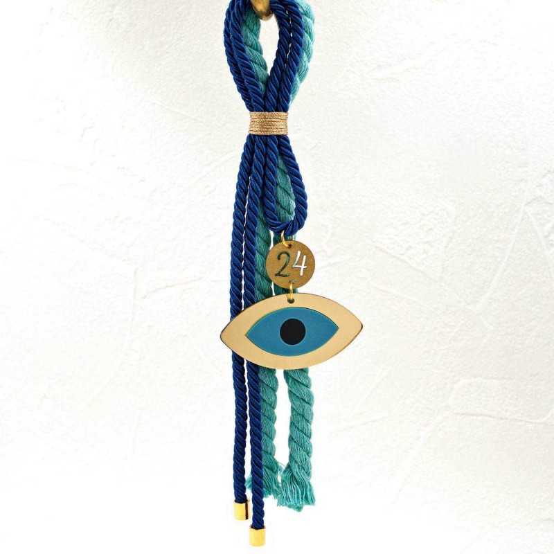 Χειροποίητο κρεμαστό γούρι 2025 με μάτι από πλέξιγκλας και κορδόνια