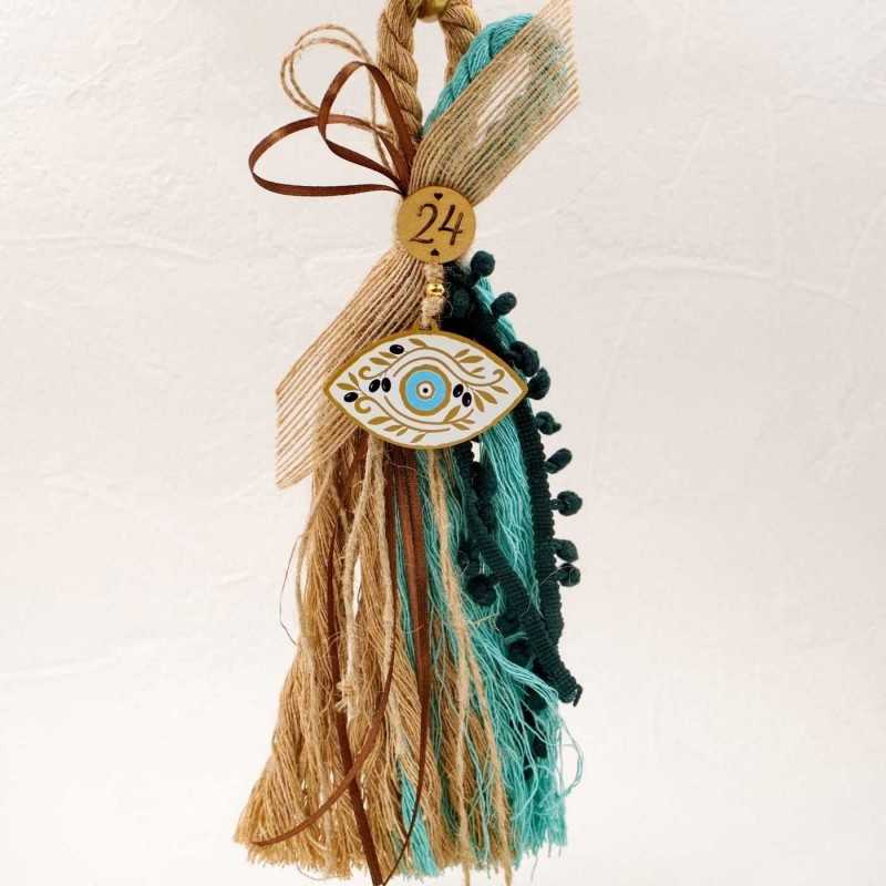 Handmade hanging lucky charm 2025 with evil eye made of wood with print pattern Handmade hanging lucky charm 2025 with evil eye made of wood with print pattern