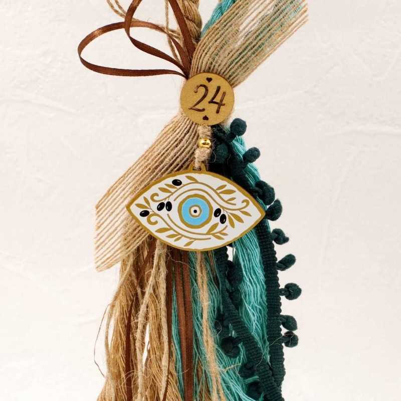 Handmade hanging lucky charm 2025 with evil eye made of wood with print pattern Handmade hanging lucky charm 2025 with evil eye made of wood with print pattern
