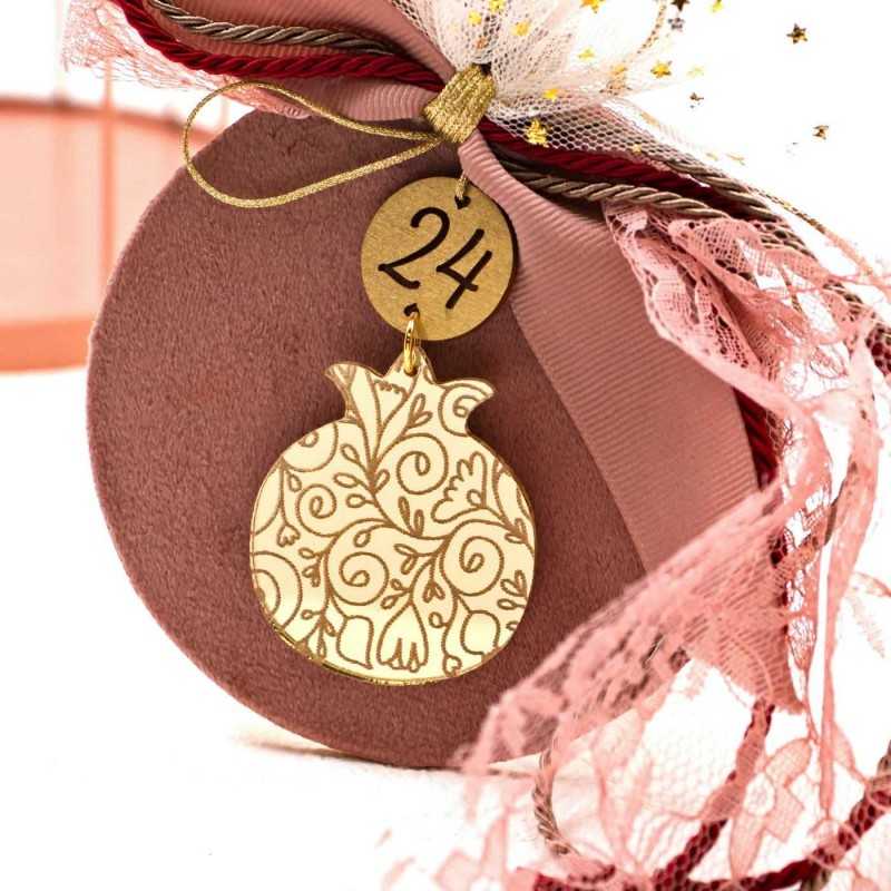 Handmade lucky charm 2025 with wooden part and Pomegranate made of plexiglass Handmade lucky charm 2025 with wooden part and Pomegranate made of plexiglass