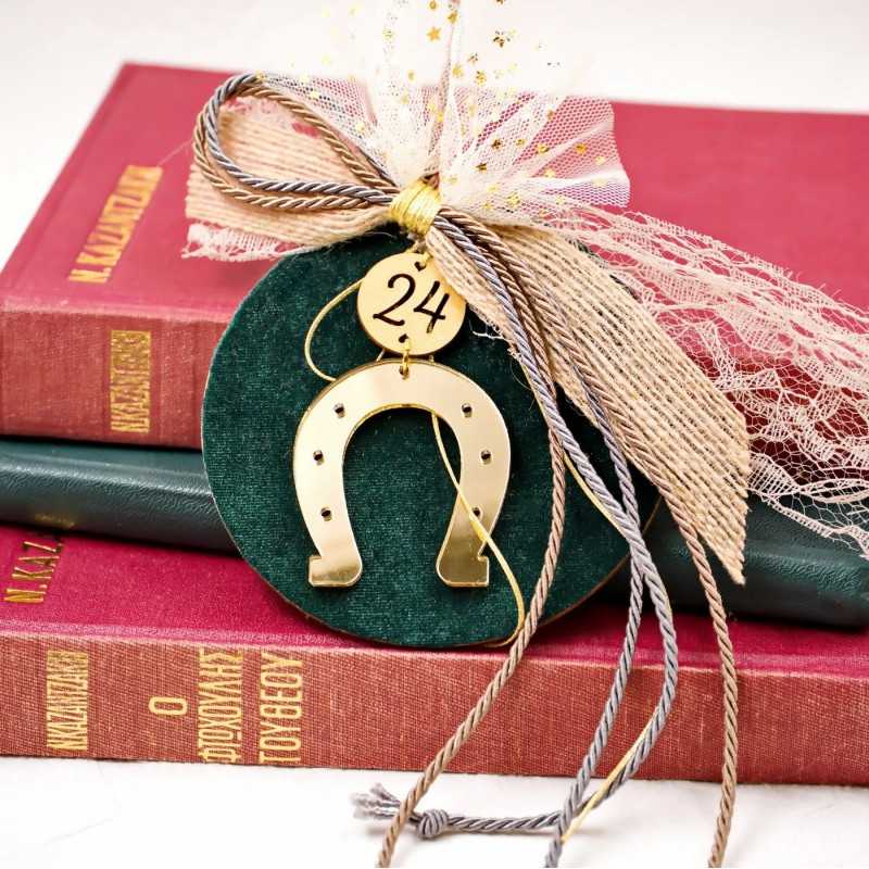 Handmade lucky charm 2024 with wooden part and Horseshoe made of plexiglass Handmade lucky charm 2024 with wooden part and Horseshoe made of plexiglass