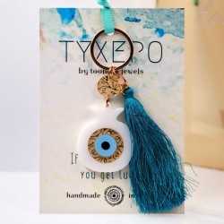 Χειροποίητο μπρελόκ γούρι με ρόδι και μάτι