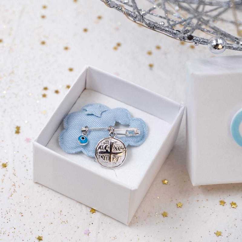 Lucky safety pin with talisman made of 925° silver for newborns Handmade lucky safety pin charm for newborn made of 925° silver