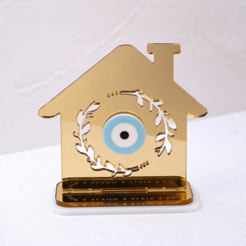 Lucky Charm Golden House with Εvil Εye Handmade tabletop house lucky charm made of plexiglass