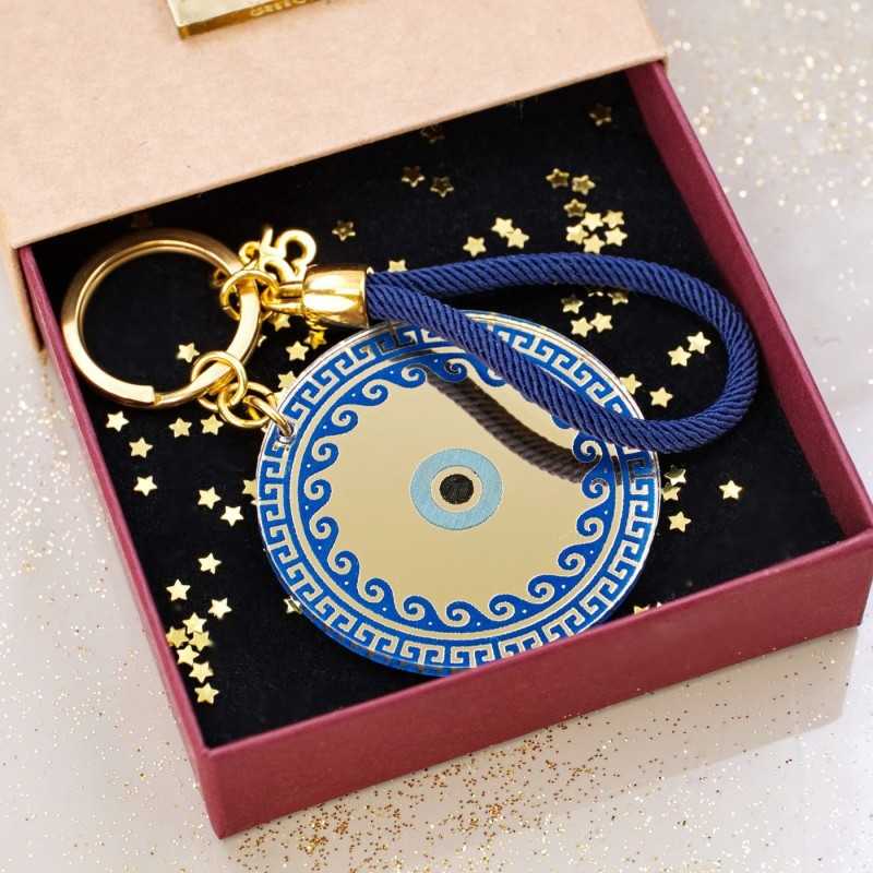 Handmade lucky keyring Evil Eye with meander pattern in a gift box