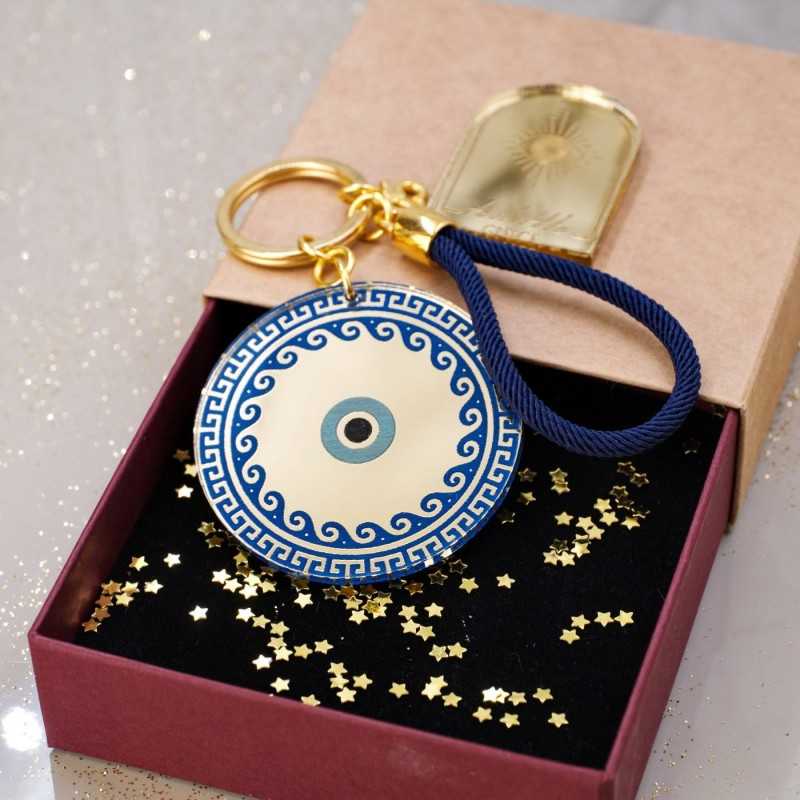 Handmade lucky keyring Evil Eye with meander pattern in a gift box