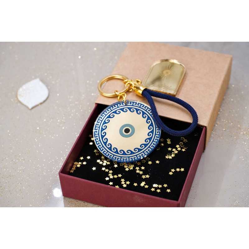 Handmade lucky keyring Evil Eye with meander pattern in a gift box