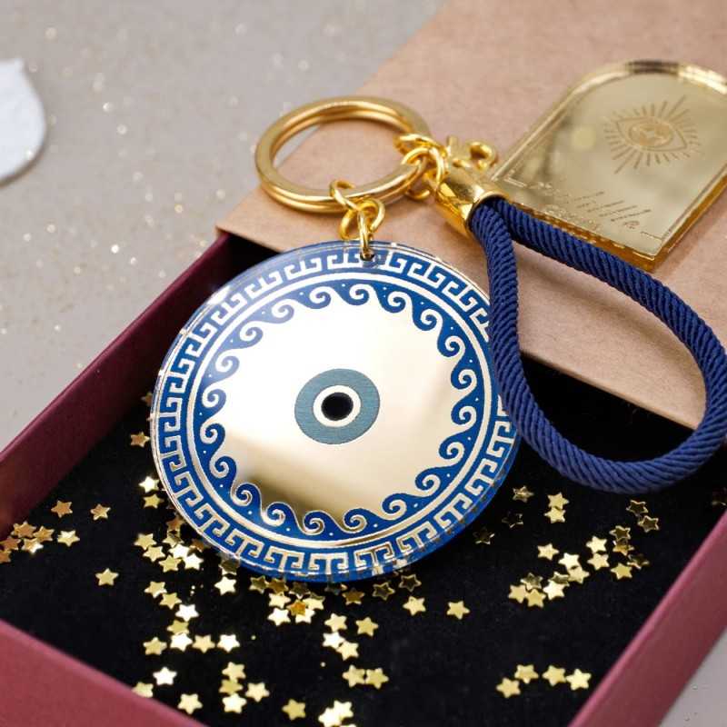 Handmade lucky keyring Evil Eye with meander pattern in a gift box