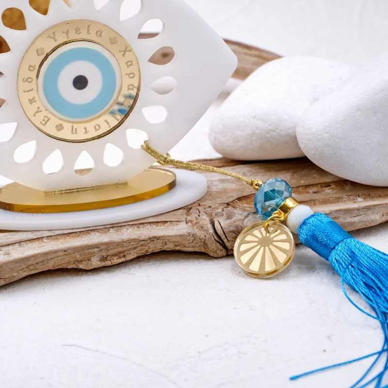 Χειροποίητο καλοκαιρινό γούρι μάτι από πλέξιγκλας με μεταξωτή φούντα 