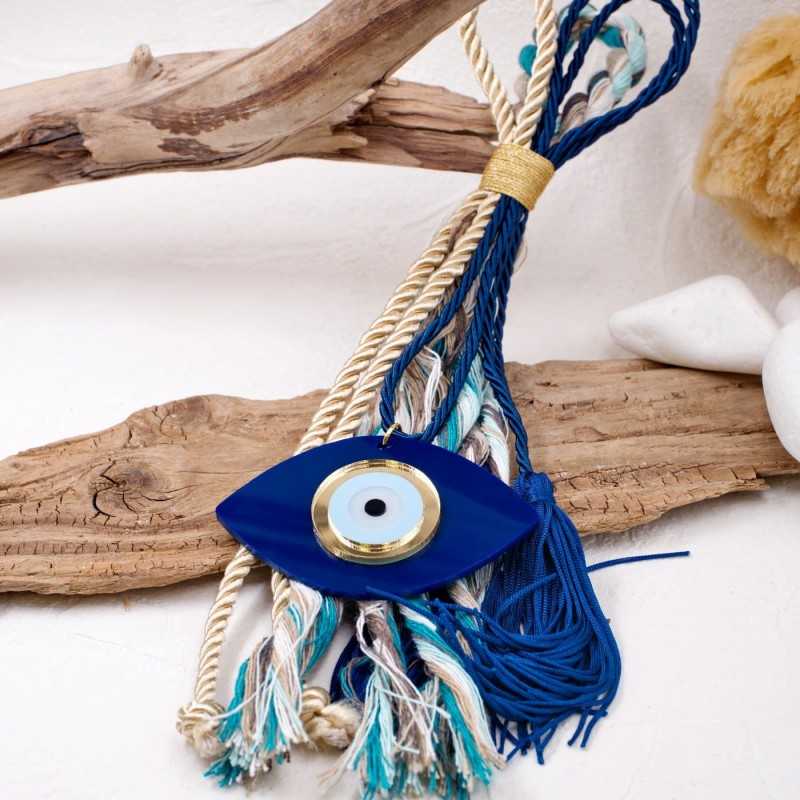 Handmade summer lucky charm with plexiglass evil eye, braided cord and tassels