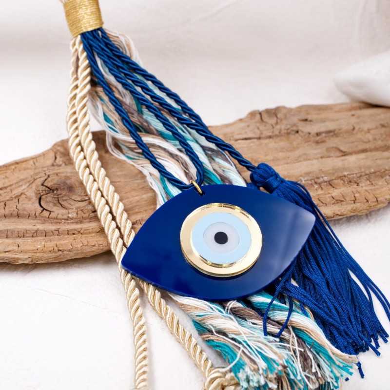 Handmade summer lucky charm with plexiglass evil eye, braided cord and tassels