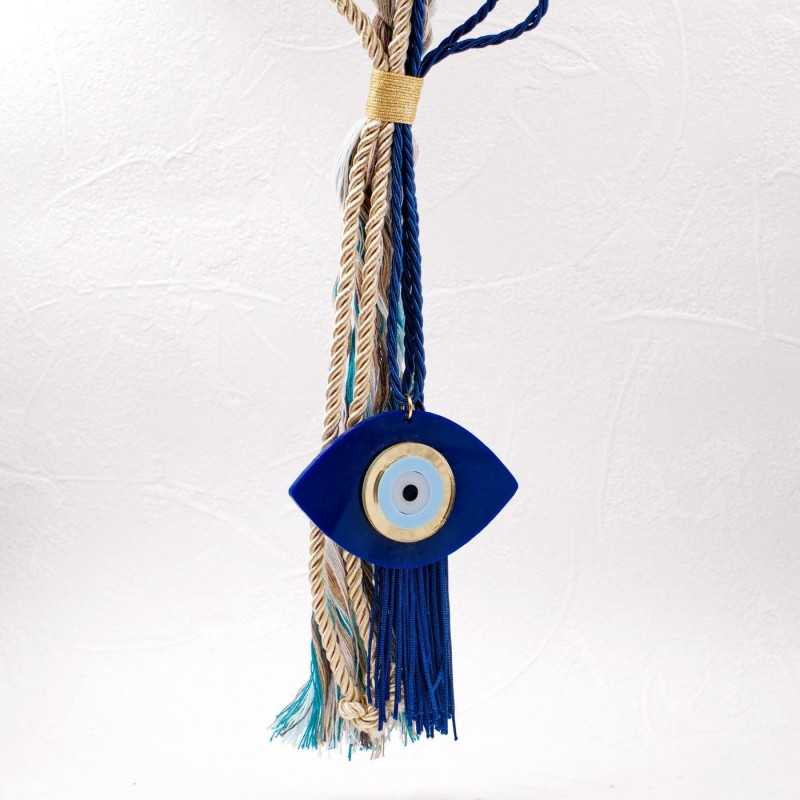 Handmade summer lucky charm with plexiglass evil eye, braided cord and tassels