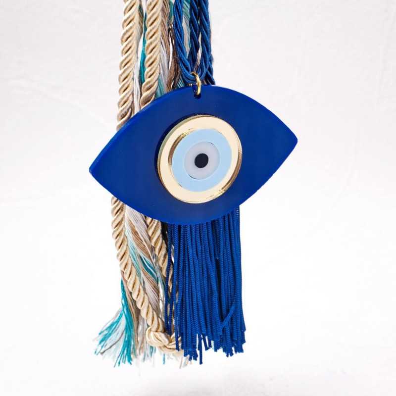 Handmade summer lucky charm with plexiglass evil eye, braided cord and tassels