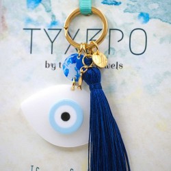 Χειροποίητο μπρελόκ με μάτι πλέξιγκλας, επίχρυσα στοιχεία και μεταξωτή φούντα