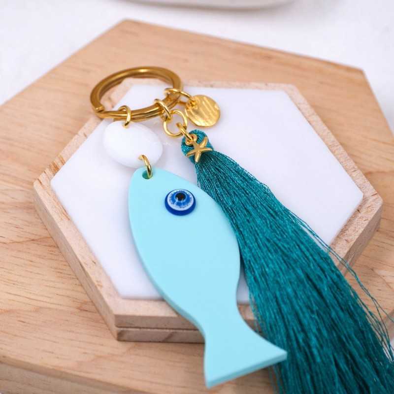 Handmade key-chain with plexiglass little fish Handmade key-chain with plexiglass little fish, acrylic evil eye and silk tassel