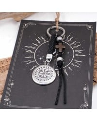 Vegvisir Men's Keychain - The Wayfinder Handmade men's key-chain made of braided leather, gunmetal cross and silver-plated parts