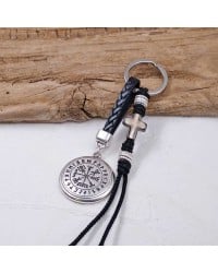 Vegvisir Men's Keychain - The Wayfinder Handmade men's key-chain made of braided leather, gunmetal cross and silver-plated parts