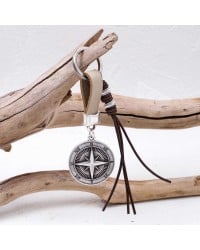 Compass Men's Keychain Handmade men's key-chain made of leather and silver-plated parts