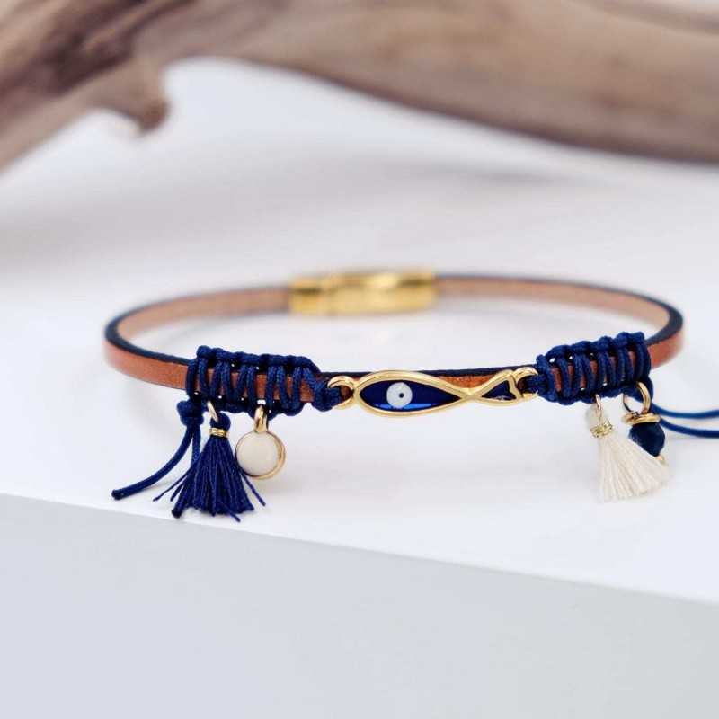 Leather bracelet with enamel, vitraux glass and metal parts in gold-plating